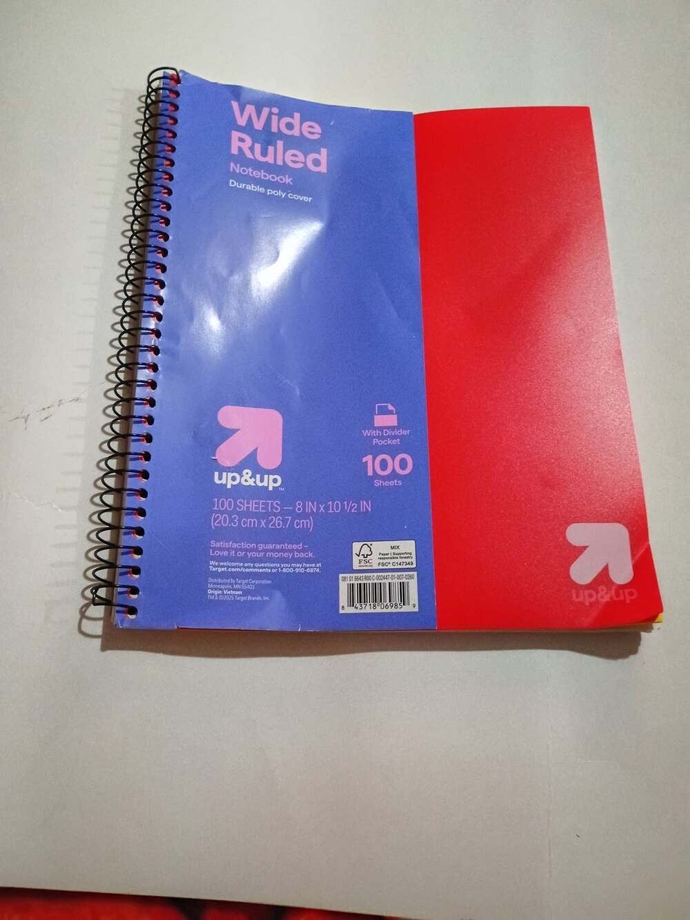 Up & Up Wide Ruled Spiral Notebook 100 Sheets Blue Red Poly Cover Pocket
